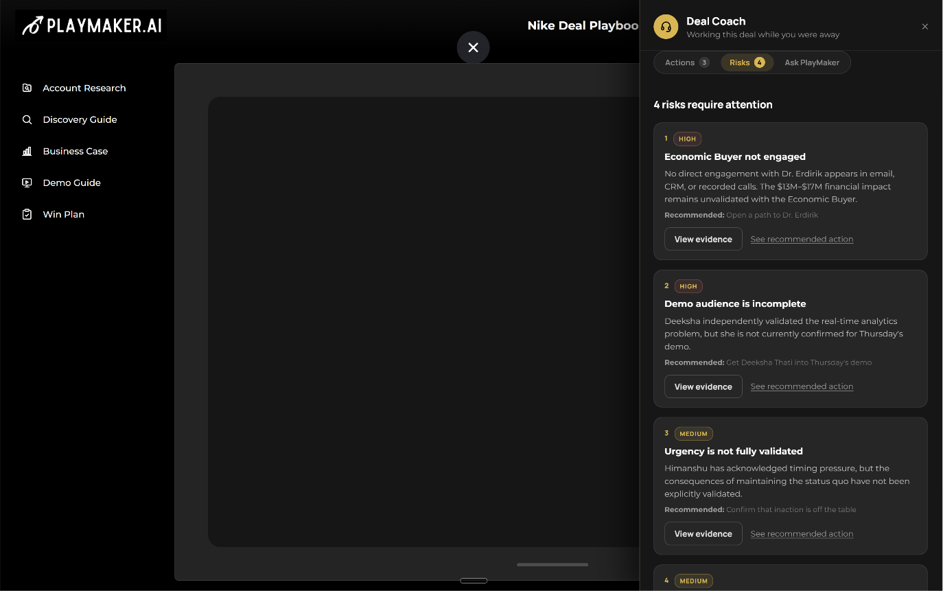 PlaymakerAI Deal Coach showing the deal risks that require attention, each with evidence and a recommended action